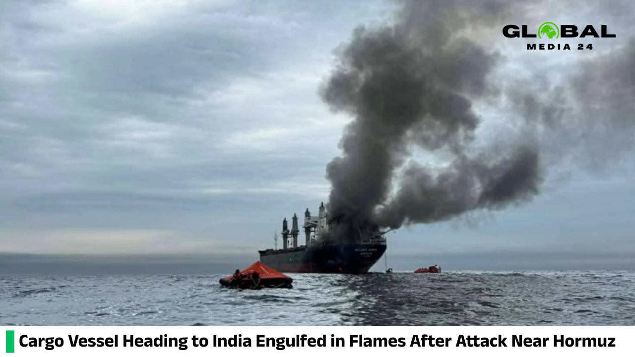 Thai Cargo Vessel Bound for India Catches Fire After Hormuz Attack, Thick Black Smoke Rising